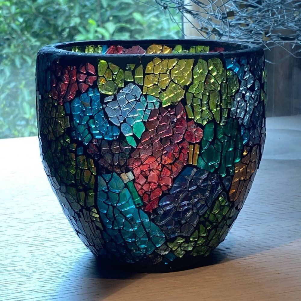 Vinage Handmade Stained  Art Glass Mosaic Multicolor Vase